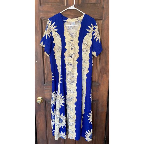 Island Style Large Rayon Dress Blue Yellow Short Sleeve Tie Back Rayon - Picture 5 of 7